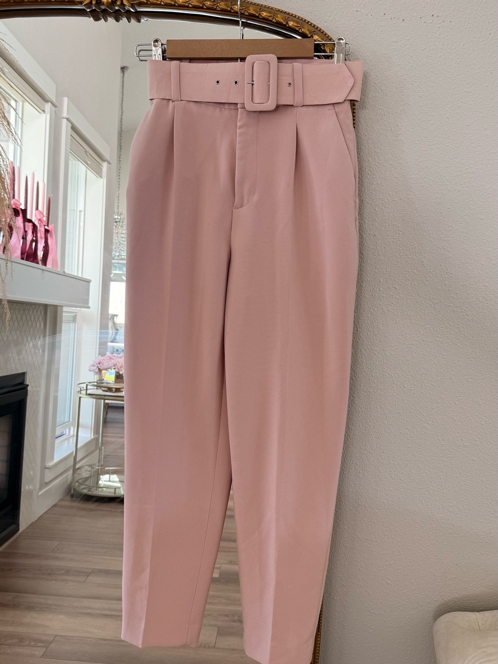 Zara Soft Pink High-Rise Belted Tapered Trousers